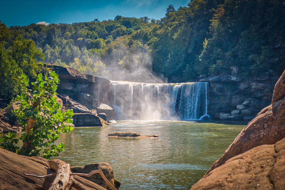A misty view of Cumberland Falls State Park in Corbin, Kentucky, USA